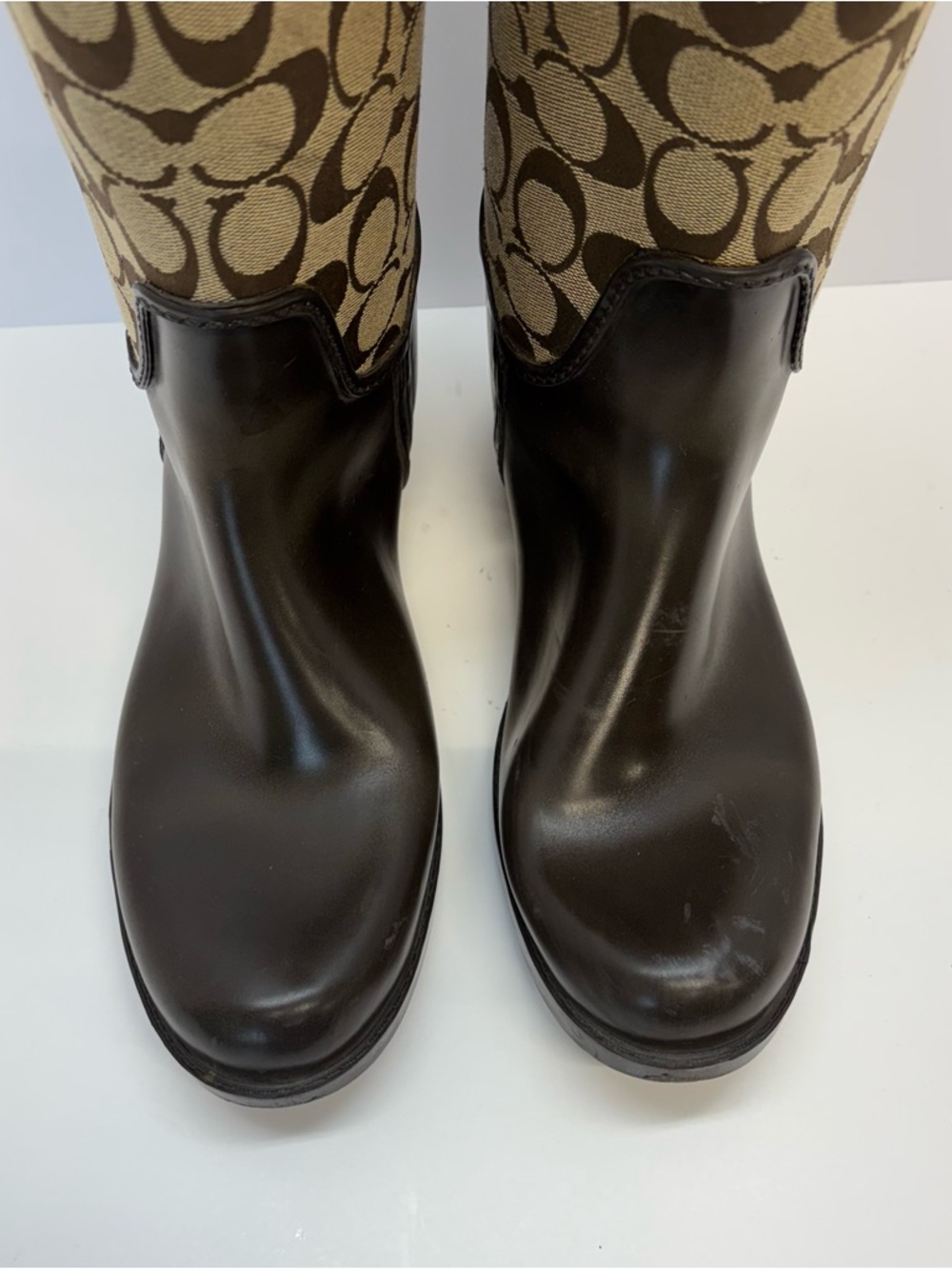 Coach Tristee Tall Rain Boot Brown Signature Jacquard Equestrian Corset Lace 8 B - Picture 3 of 11